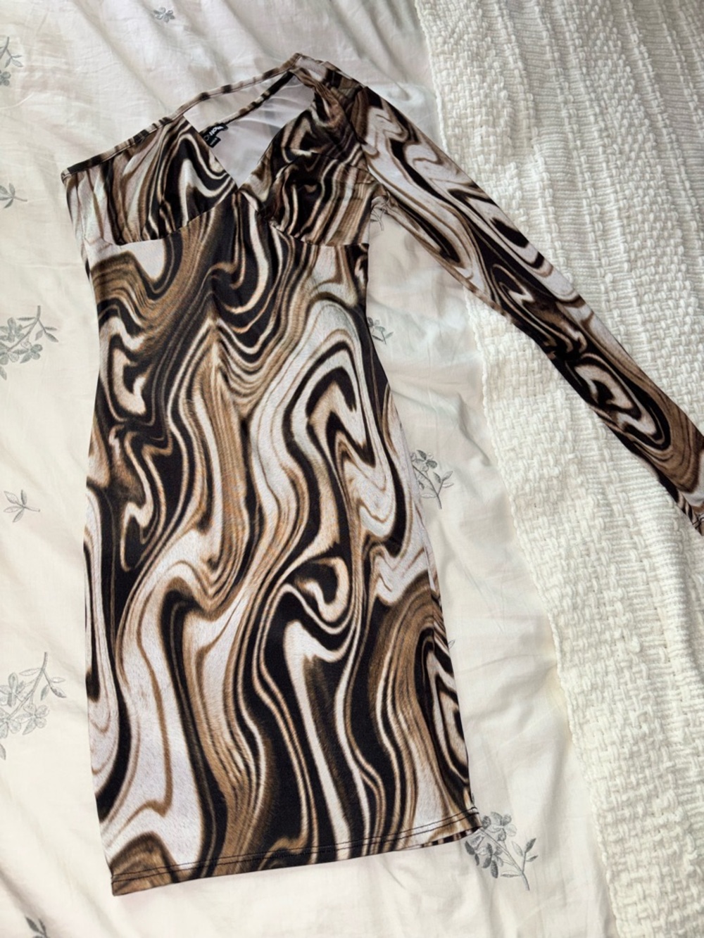 Fashion Nova Brown Marble-Print One-Shoulder Jumpsuit